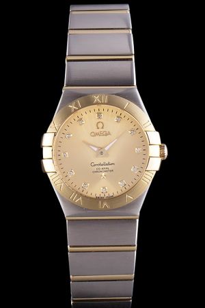 Swiss Omega Constellation Co-Axial Chronometer Yellow Gold Bezel&Dial Diamonds Marker Luminous Hand Two-tone Bracelet Lady Watch 1292.15.00