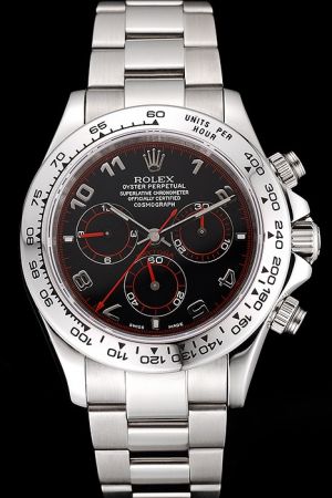 Swiss Rolex Oyster Perpetual Daytona Tachymeter Bezel Black Dial Arabic Marker Red Second Hand Three Sub-dials Chronograph Watch