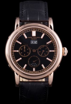 Patek Philippe Grand Complications Rose Gold Case Black Dial Stick Track Marker Watch