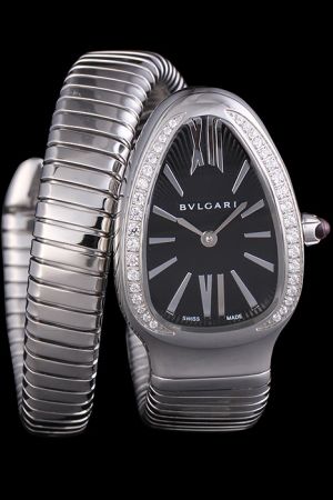 Bvlgari Serpenti 101816 SP35C6SDS.1T Rare Collection Black Dial Single Spiral Steel Bracelet Diamonds Watch BV003
