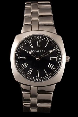 Bvlgari Classic Roman Markers Black Dial Cushion Bezel Stainless Steel Women's Watch Couples Style BV087