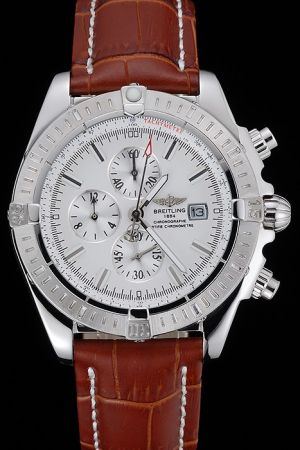 Breitling Chronomat Chronograph Silver Case Uni-directional Bezel Stick Marker Brown Strap Watch 