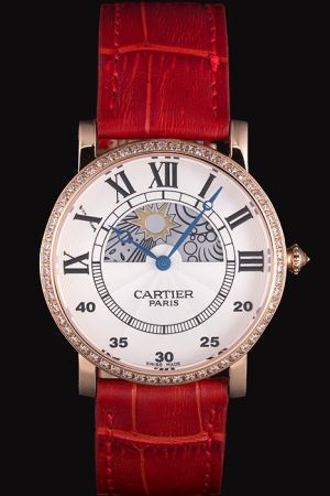 Cartier Blue Hands Moonphase Medium Size Red Leather Strap Watch KDT179 Diamonds Bezel