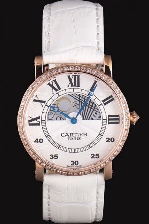 Couples Cartier Diamonds Case Rose Gold  Moonphase Dress Watch KDT180 White Leather  Bracelet
