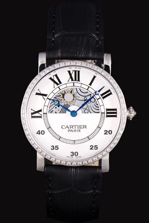 Cartier Moonphase White Gold Diamonds Watch KDT177 Black Leather Strap Blue Hands