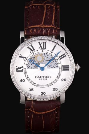 Cartier White Gold 44mm Moonphase W1556244 Brown Leather Wristband Nice Price Suits Watch KDT178 