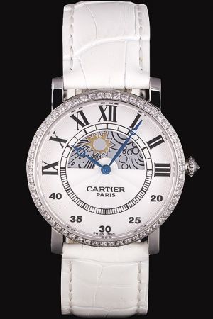 Cartier Moonphase Jewelry Gents Full Diamonds Unisex Watch KDT175 White Strap 