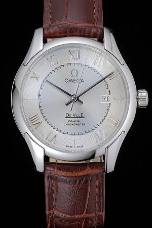 Omega De Ville Co-Axial Chronometer Silver Case/Marker/Hand Silver Concentric Dial Brown Strap Date Quartz Watch