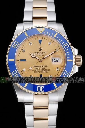 Male Rolex Submariner Blue Ceramic Bezel Gold Dial Diamonds Marker Mercedes Hands 2-Tone SS Bracelet 40mm Watch