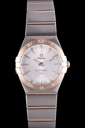 Lady Swiss Omega Constellation Rose Gold Bezel With Roman Marker White Dial Rose Gold Scale Luminous Hand Stainless Steel  Watch 123.20.27.60.02.001