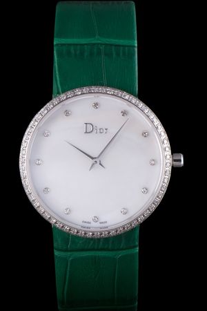 La D de Dior White Dial Green Leather Strap Quartz Diamonds Watch Luxury for Women CD010