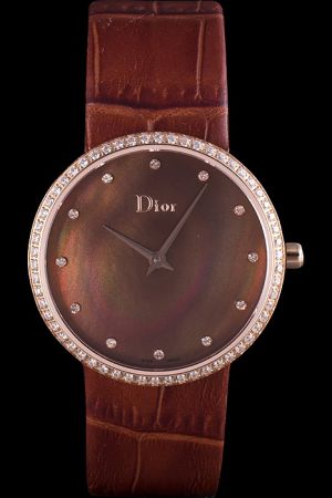 Christian Dior La D de Dior Diamonds Gold Case Brown Dial Brown Leather Strap Watch For Sale CD009