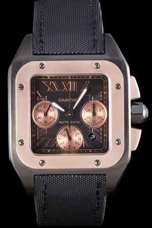 Cartier Rose Gold Santos Ref50509 Fabric Bracelet Chronograph Swiss Made Watch SKDT013