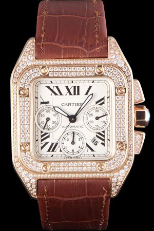 Swiss Cartier Santos Gents Jewelry Full Diamonds Chronograph Watch SKDT010 For Wedding  