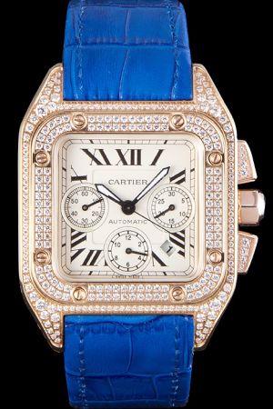 Cartier Wedding Santos Couples Swiss Full Diamonds Chrono Watch SKDT011 Blue Leather Strap