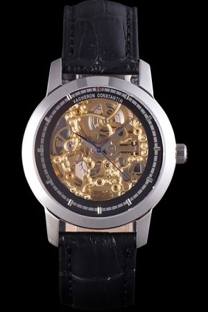  Vacheron Constantin Traditionnelle Black Skeleton Dial Silver Case/Scale/Pointers Black Band Watch