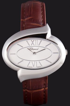 Chopard Simple Fashion White Dial Silver Case Brown Leather Strap Watch Chic For Women CP018