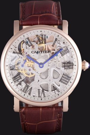  Cartier Quartz Rotonde Skeleton Suits Swiss Watch SKDT390 Brown Leather Band