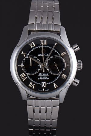 Rep Omega De Ville Co-Axial Chronometer Black Dial Roman Scale Recessed Sub-dials Steel Bracelet Auto Date Watch