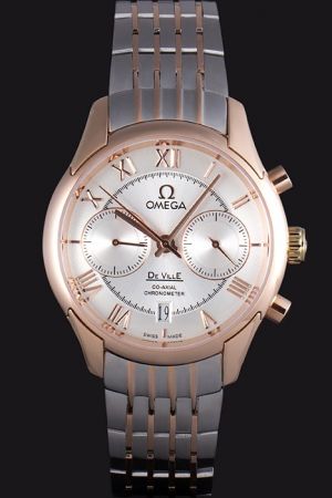 Men Omega De Ville Co-Axial Chronometer 41mm Rose Gold Case/Scale/Pointer Recessed Sub-dials Two-tone Bracelet Date Watch