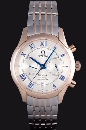 Rep Omega De Ville Co-Axial Chronometer Rose Gold Case Blue Scale/Pointer Two Big Sub-dials Two-tone Bracelet Watch