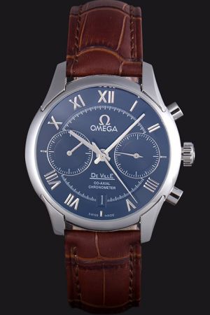 Men’s Omega De Ville Co-Axial Chronometer Silver Case/Marker/Hand Blue Concentric Dial Two Sub-dials Brown Strap Date Watch 431.10.42.51.03.001