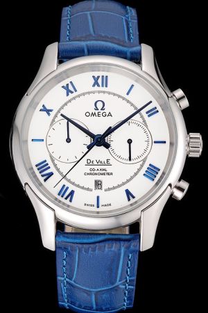 Omega De Ville Co-Axial Chronometer White Concentric Dial Blue Scale/Pointer/Strap Two Sub-dials  Date Men Watch