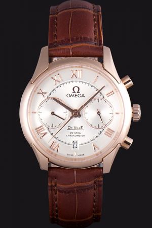Rep Omega De Ville Co-Axial Chronometer Rose Gold Case/Scale/Hand Pearl Concentric Dial Two Sub-dials Brown Strap Date Watch 431.53.42.51.02.001