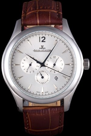Jaeger-LeCoultre Master Chronograph Silver Dial&Case Arrow/Stick Scale Dauphine Pointer Three Sub-dials Brown Strap Date Watch