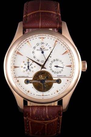 Jaeger-LeCoultre Master Control Tourbillon Perpetuel Calendar Rose Gold Case/Scale/Pointer White Frosted Dial Fake Men Watch