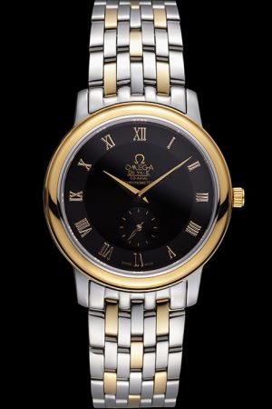 Omega De Ville Co-axial Escapement Yellow Gold Case Black Concentric Dial Roman Scale Dauphine Pointer Two-tone Steel Bracelet Watch