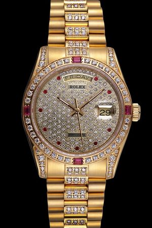 Ladies Rolex Day-date Yellow Gold Diamonds Case/Bezel/Dial/Bracelet Rubies Marker Week/Date Display Swiss Movement Engagement Watch
