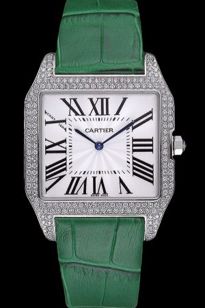 Cartier Santos Jewelry Gents Full Diamonds 42mm Watch KDT029 Green Strap 
