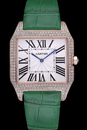 Cartier Santos Diamonds Bezel Appointment Couples Watch Fake KDT041 Special Green Strap 
