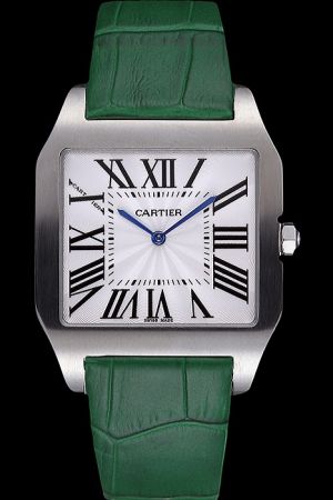 Cheap Cartier Santos Gents White Gold  Bezel Watch KDT021 Green Leather Strap