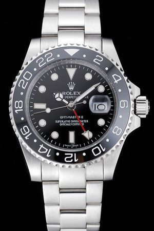 Gents Rolex GMT Master II Black Bidirectional Rotatable Bezel Luminous Scale Mercedes Hands With Red Index White Gold Watch