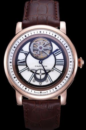 Cartier Rose Gold Rotonde Tourbillon Brown Leather Wristband Nice Price  Suits Watch KDT134