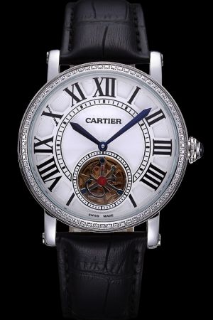 Cheap Cartier Rotonde W1556211 Jewelry Diamond Set Businessman Tourbillon Watch KDT123 Black Leather Strap
