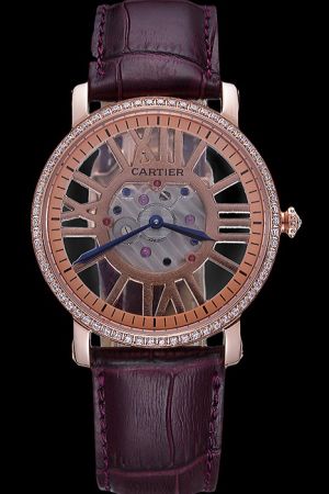 Cartier Diamond Rotonde Jewelry Skeleton Watch Replica KDT145 Purple Leather Wristband