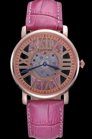 Nice Price Cartier Rotonde Rose Gold Case Skeleton Sweet Wedding Watch KDT152 Pink Bracelet
