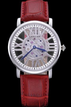 Cartier Rotonde White Gold Crown Skeleton Face Dress Watch KDT150 Red Lteather Strap 