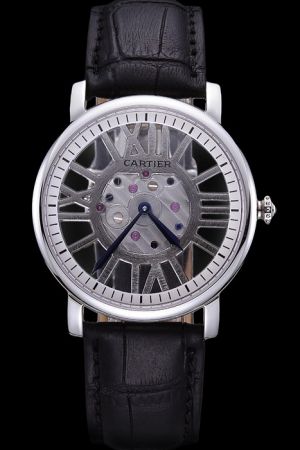 Business Style Cartier Rotonde  White Gold Skeleton SS Watch KDT155 Roman Markers