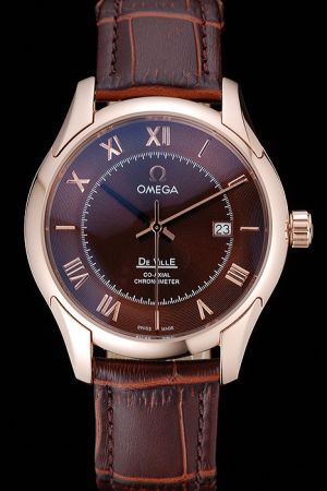  Omega De Ville Co-Axial Chronometer Rose Gold Case Roman Scale Brown Concentric Dial Brown Strap Quartz Date Watch