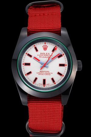 Replica Rolex Milgauss Black PVD Case Red Scale Stick Pointers With Red Lightning Shaped Second Hand Red Nylon Strap Men Watch