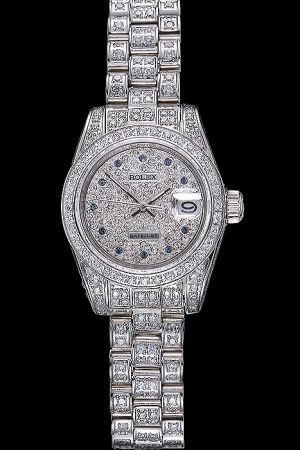 Ladies Rolex Datejust 34mm Sapphires Hour Markers Luminous Stick Hands Full Diamonds SS Swiss Automatic Movement Wedding Watch