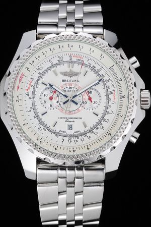 Breitling Bentley Silver Bidirectional Rotating Bezel White Dial Stainless Steel Watch