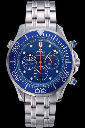 Omega Seamaster Emirates Team Blue Dial&Bezel Three Sub-dials Dots Marker Hollow Pointers With Red Second Hand Men Watch