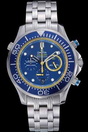 Omega Seamaster Emirates Team Chronometer Blue Dial&Bezel Yellow Stick Rim Yellow Second Hand Stainless Steel Bracelet Watch