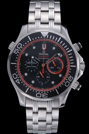 Omega Seamaster Emirates Team Chronometer Unidirectional Rotating Diver Bezel Red Stick Rim Red Second Pointer Steel Bracelet Watch