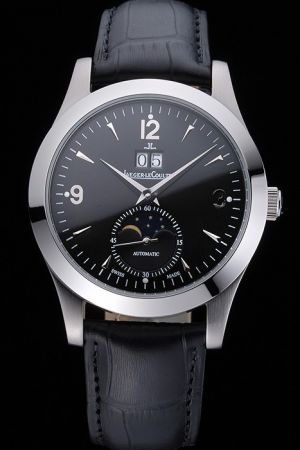 Men Jaeger-LeCoultre Master Moonphase Silver Case/Pointers Black Dial Silver Arrow/Arabic/Stick Marker Automatic Date Watch